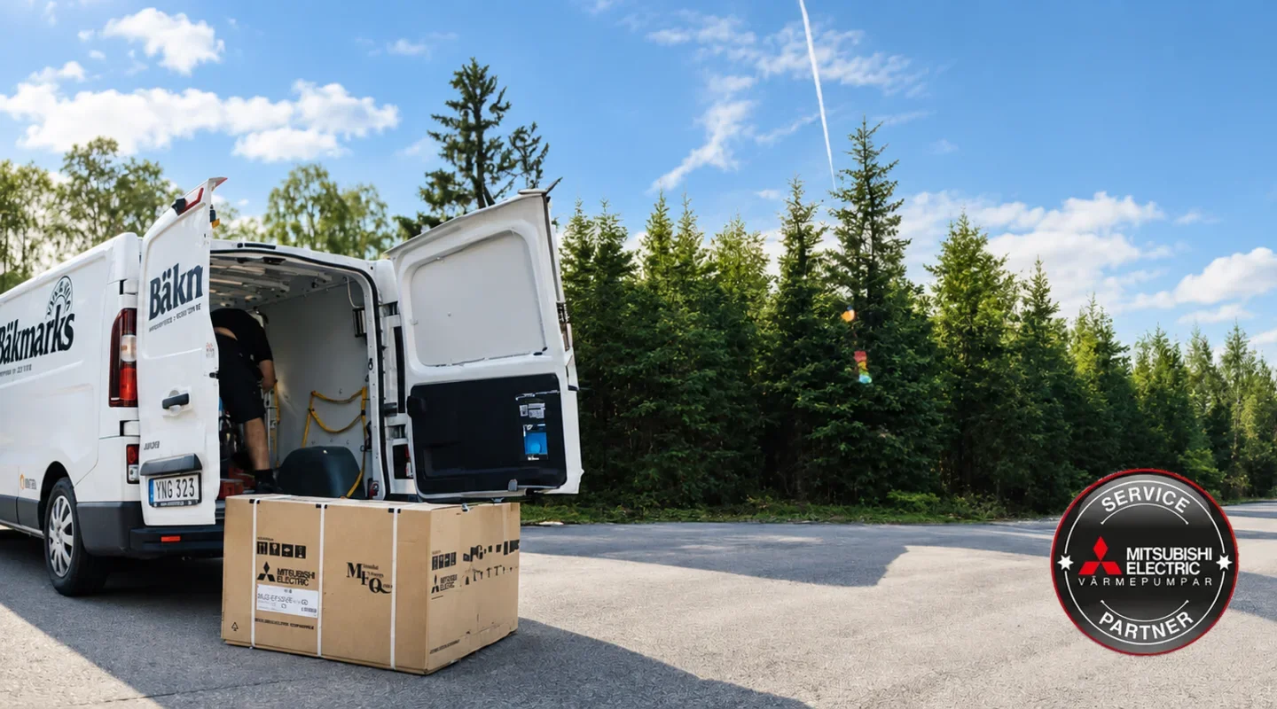 Bäkmarks servicebil vid en leverans, med märket Mitsubishi Electric servicepartner