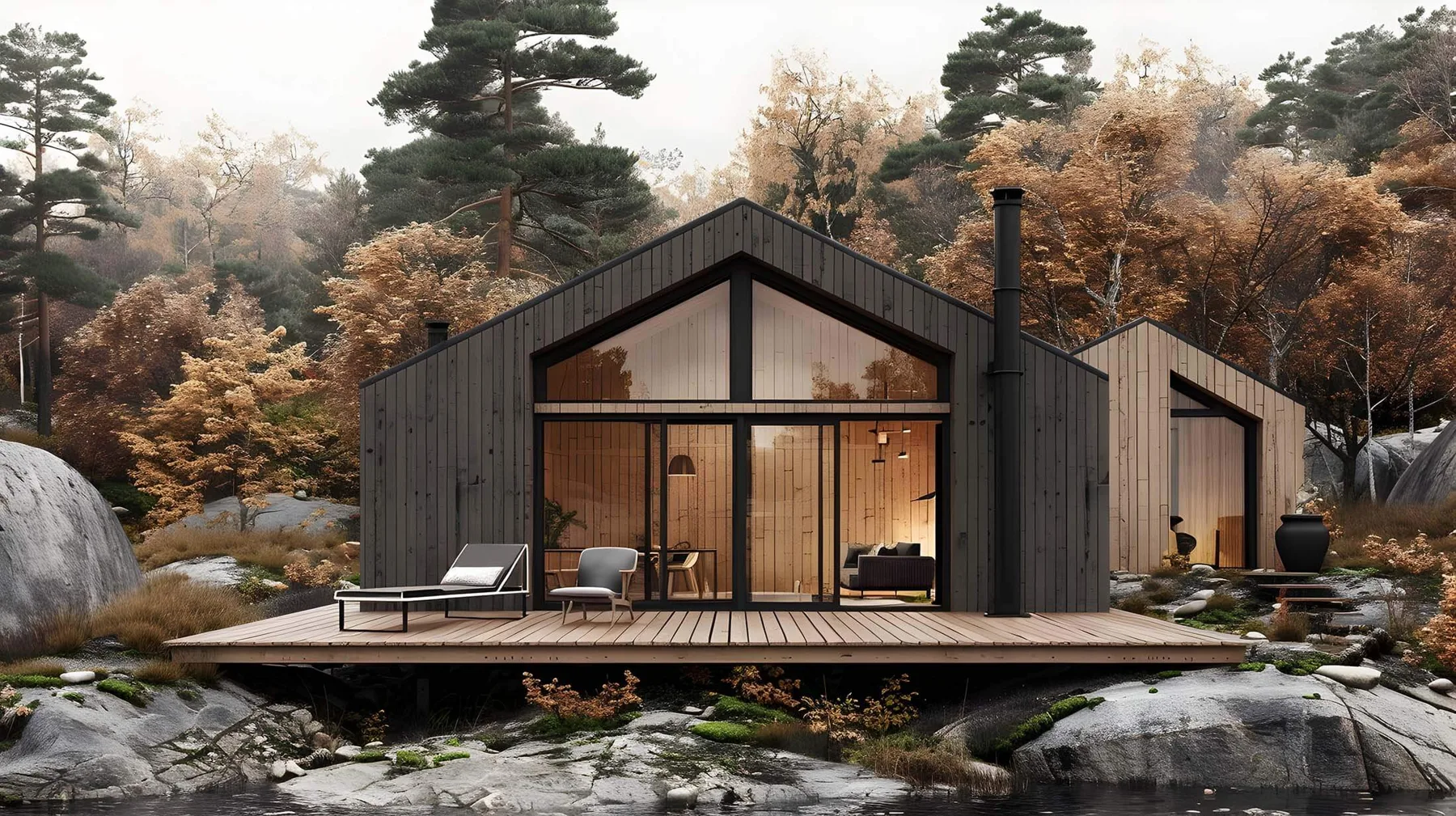 Svart trähus med stora glaspartier i höstskog